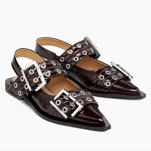Ganni Buckle Ballerina Flats, burgundy, size 39